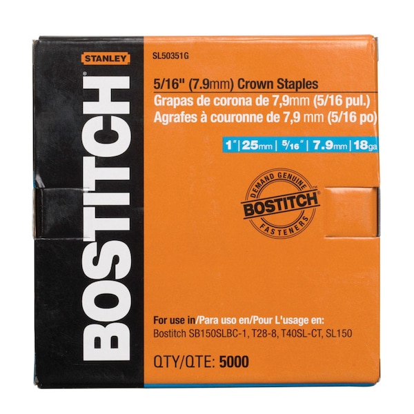 Bostitch Heavy Duty Staples, 18 ga, Narrow Crown, 1 in Leg L, 5000 PK SL50351G - main